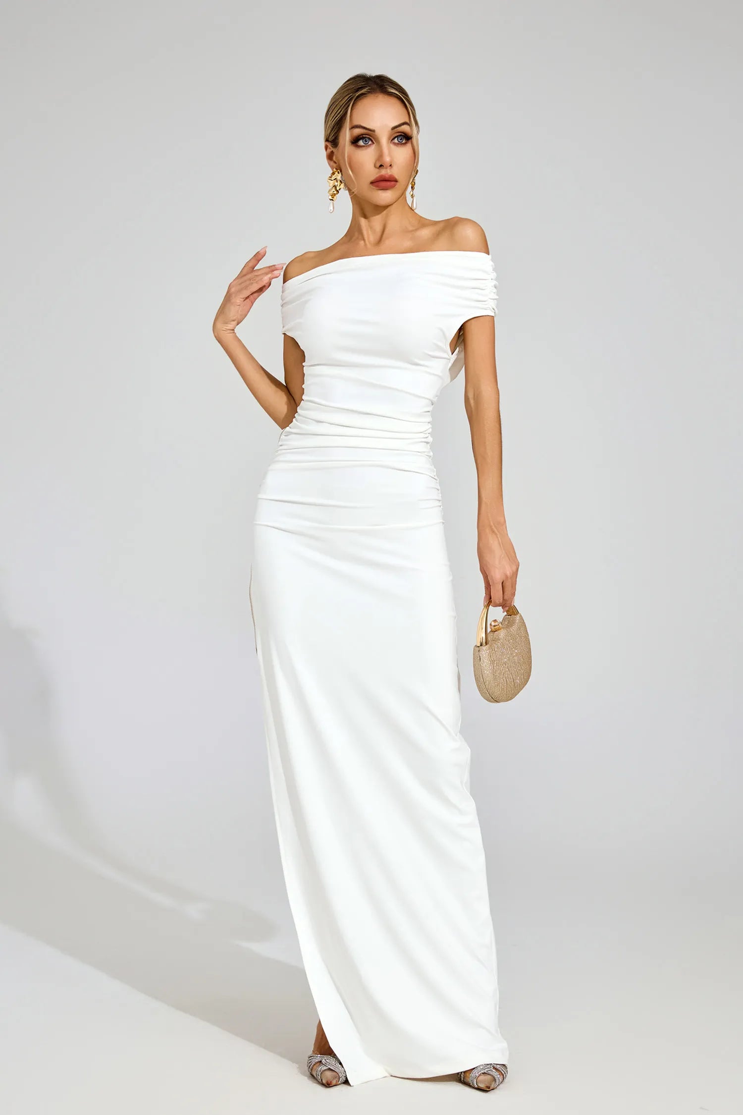 Monica Beyaz Off Shoulder Maxi Elbise