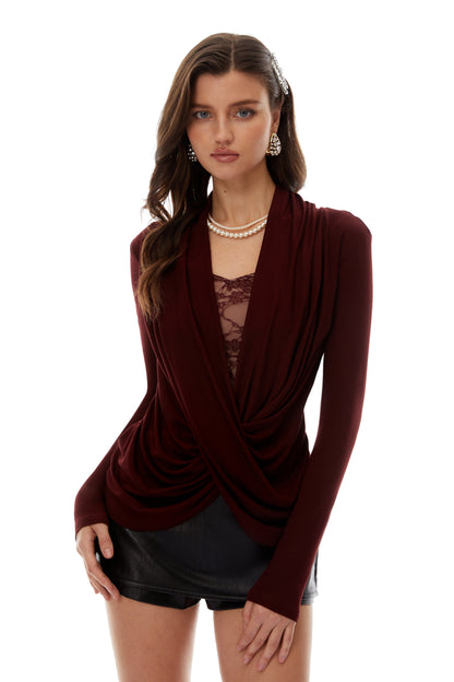 Bianca Dantel Panel ve Büzgü Detaylı Bluz Bordo