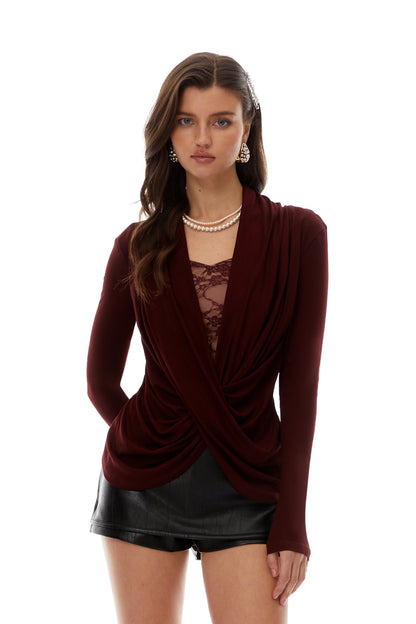 Bianca Dantel Panel ve Büzgü Detaylı Bluz Bordo