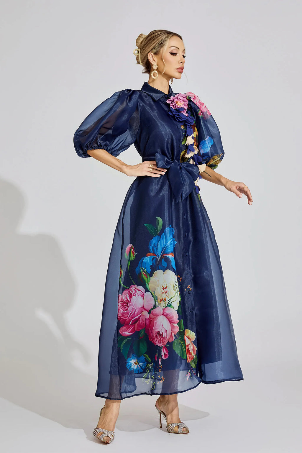 Farah Mavi Fransız 3D Çiçekli Maxi Elbise