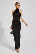 Natalie Siyah Çiçekli Fırfırlı Halter Maxi Elbise