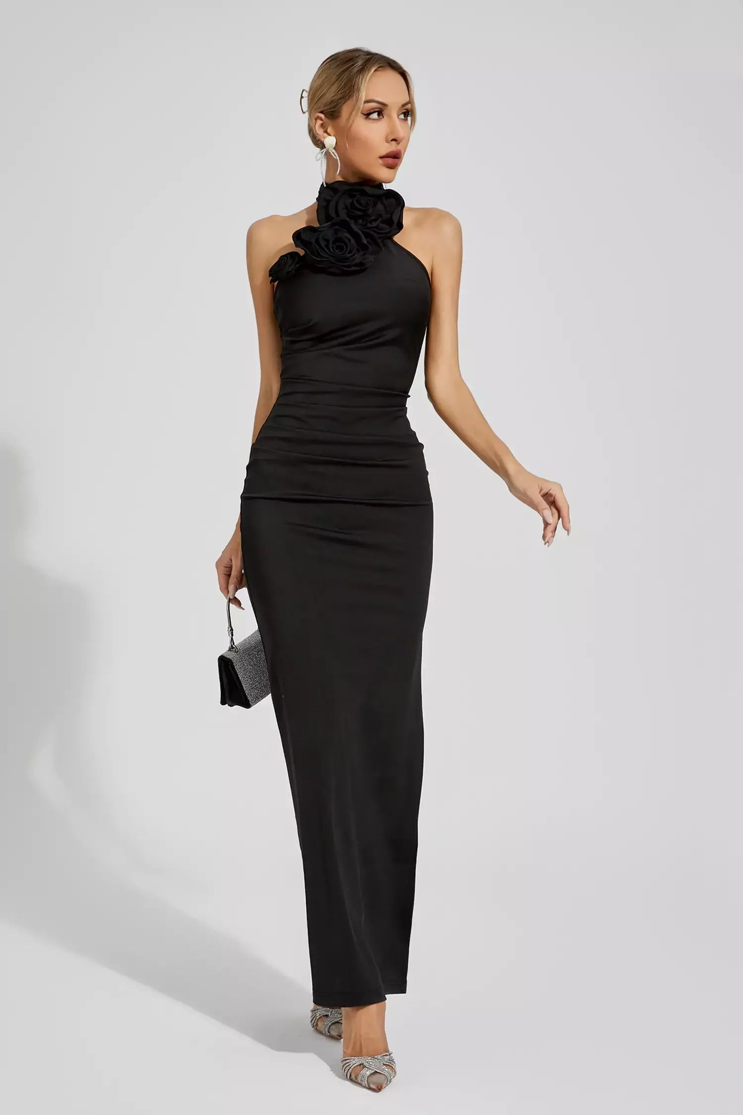 Natalie Kırmızı Çiçekli Fırfırlı Halter Maxi Elbise