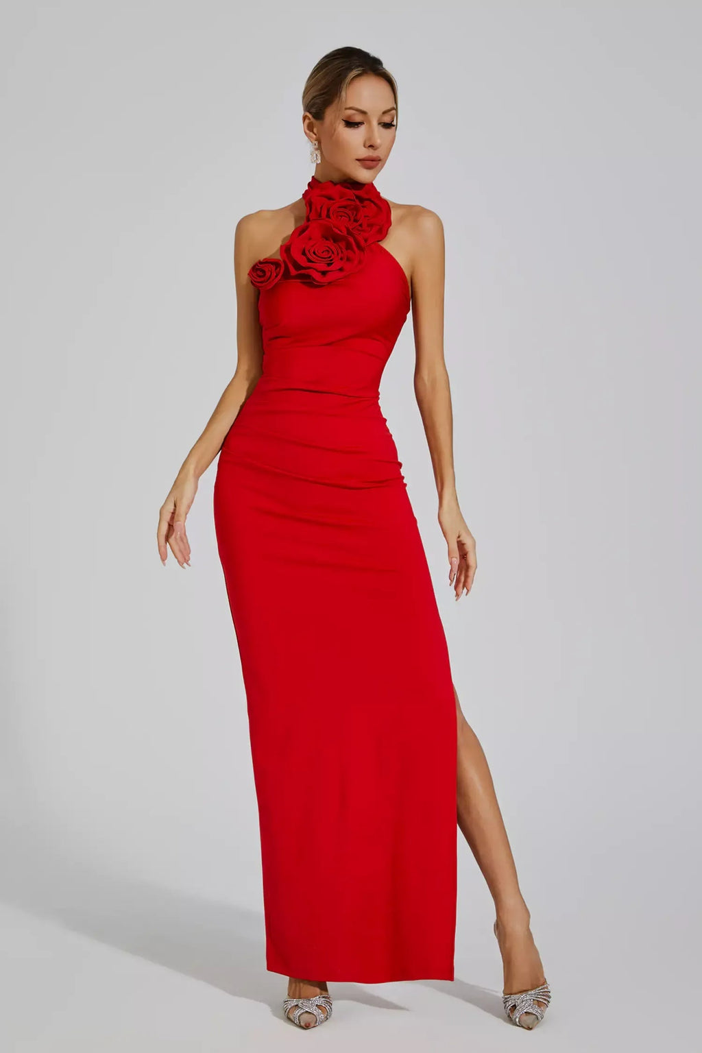 Natalie Kırmızı Çiçekli Fırfırlı Halter Maxi Elbise