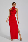 Natalie Kırmızı Çiçekli Fırfırlı Halter Maxi Elbise