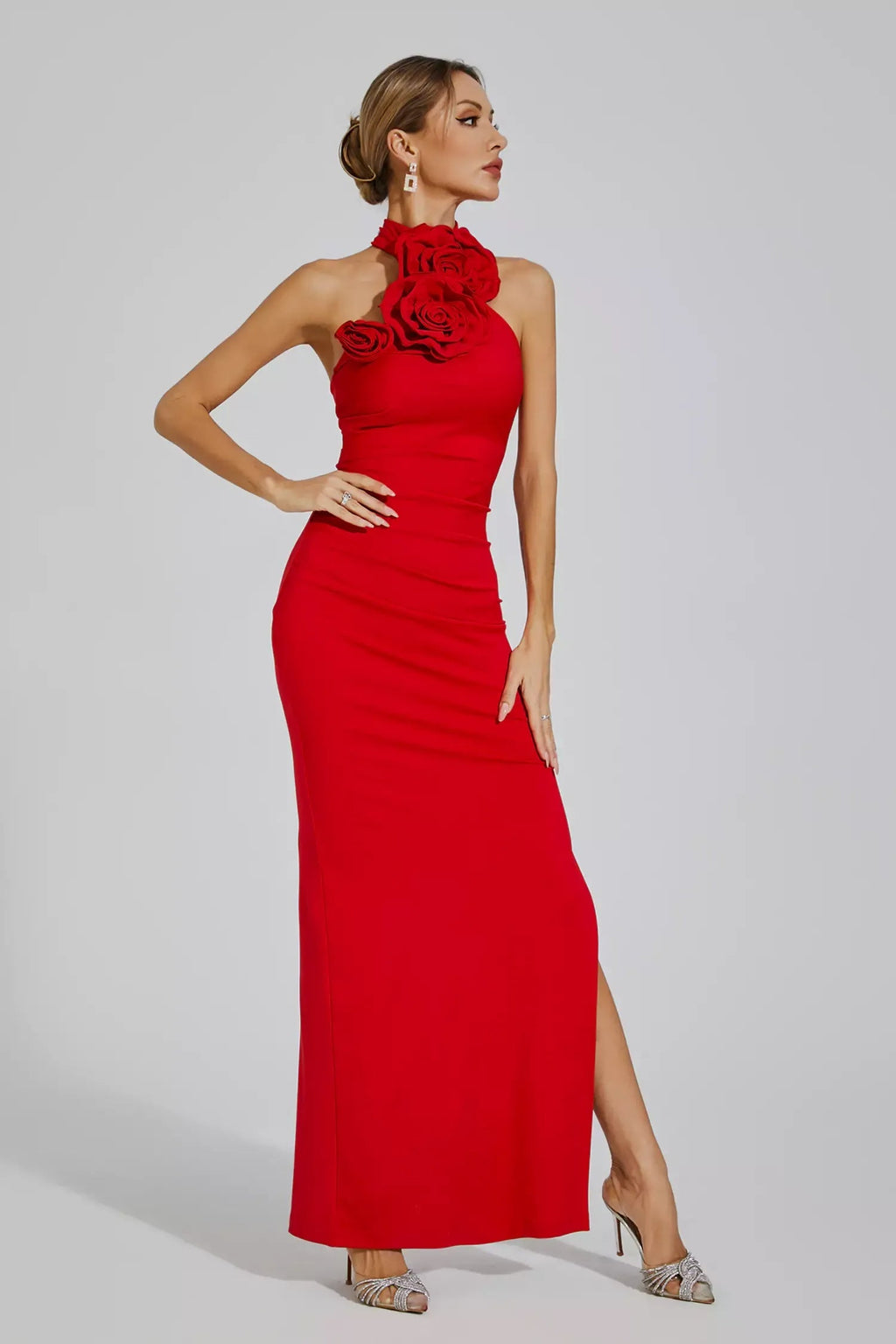 Natalie Kırmızı Çiçekli Fırfırlı Halter Maxi Elbise