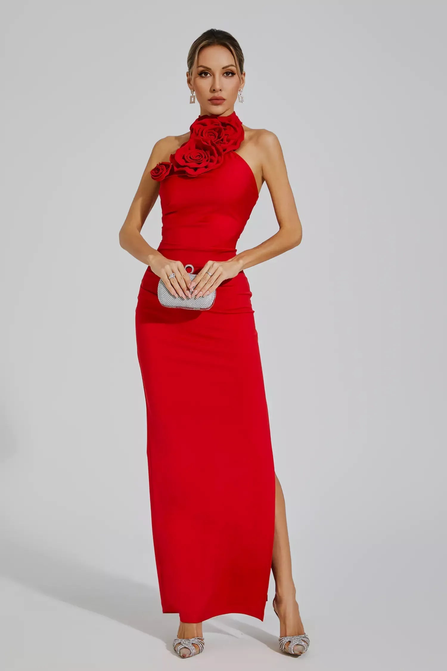 Natalie Kırmızı Çiçekli Fırfırlı Halter Maxi Elbise