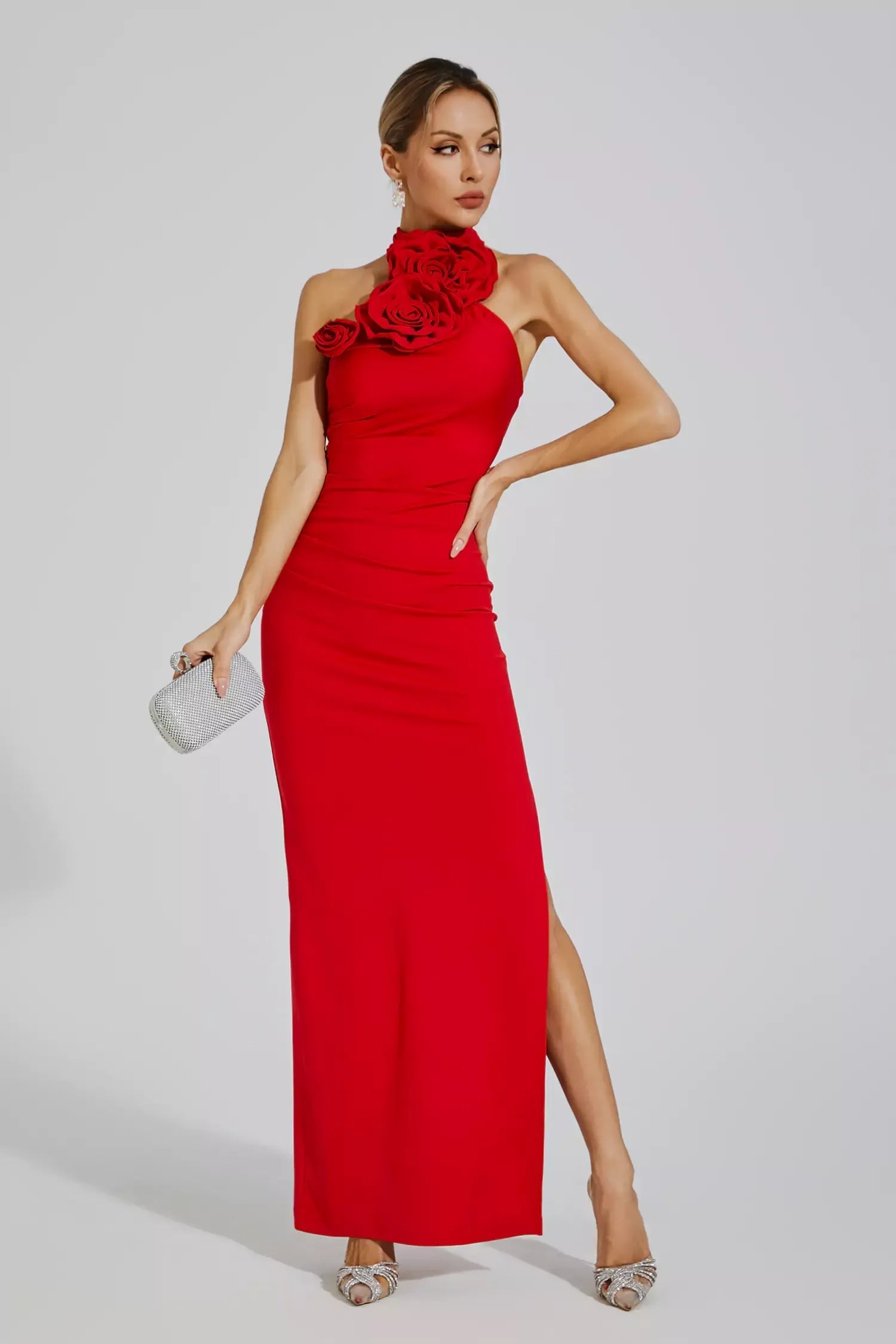 Natalie Kırmızı Çiçekli Fırfırlı Halter Maxi Elbise