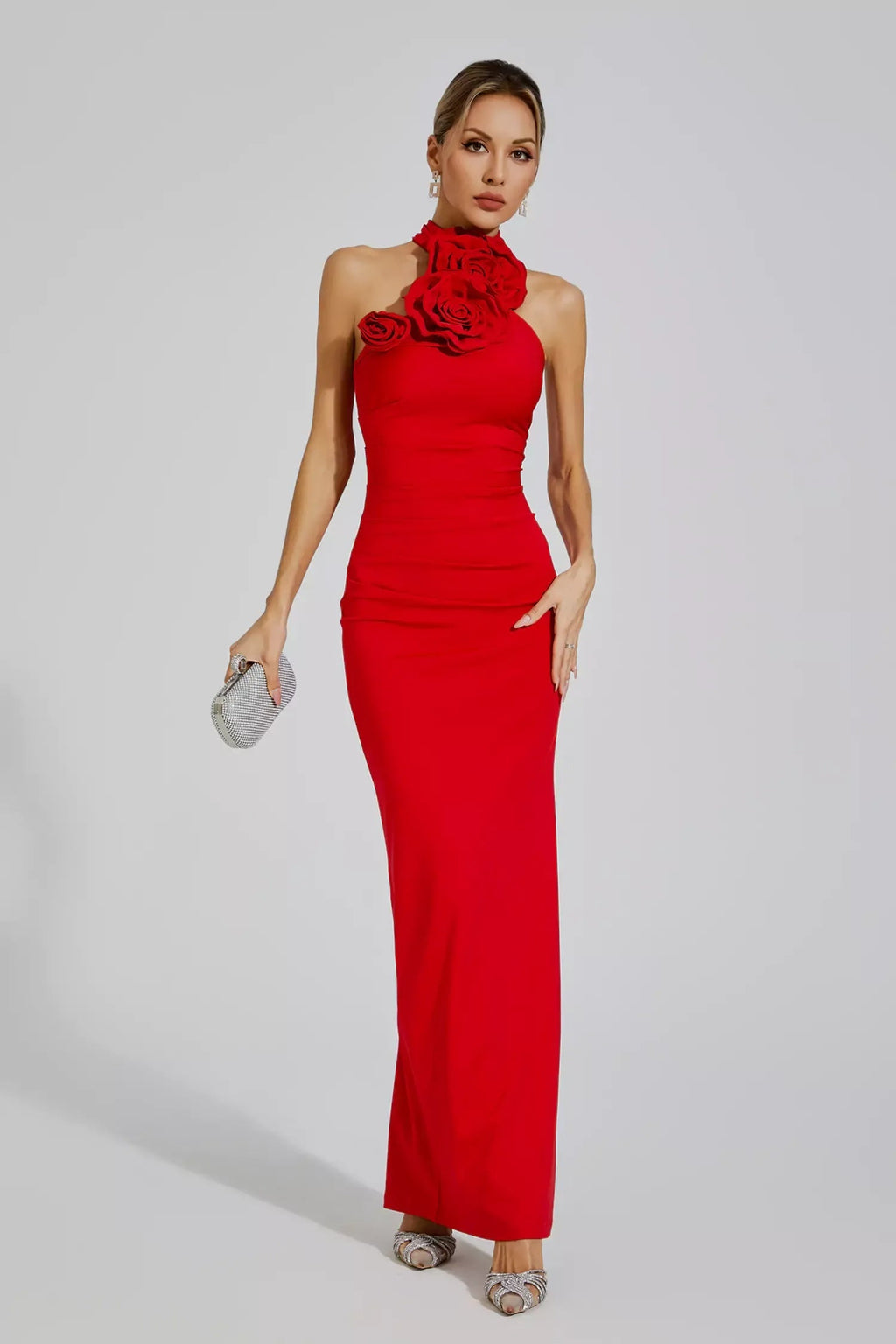 Natalie Kırmızı Çiçekli Fırfırlı Halter Maxi Elbise