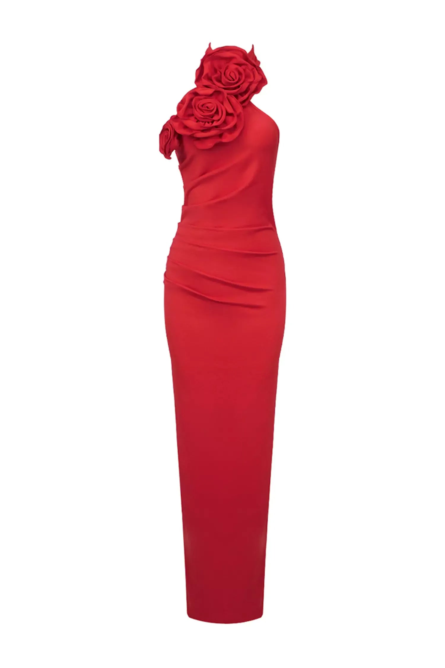 Natalie Kırmızı Çiçekli Fırfırlı Halter Maxi Elbise