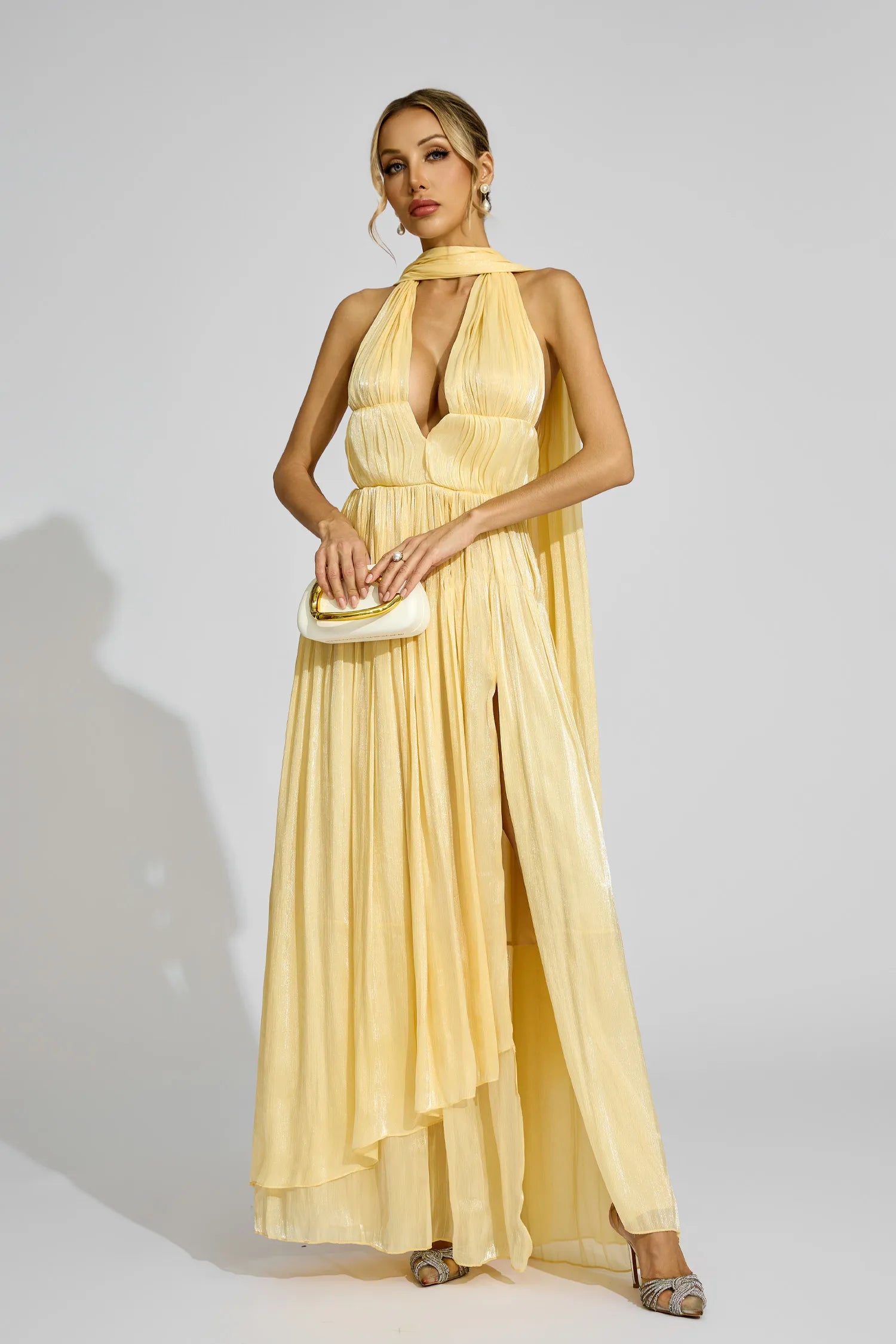 Brittany Sarı Halter Plise Maxi Elbise