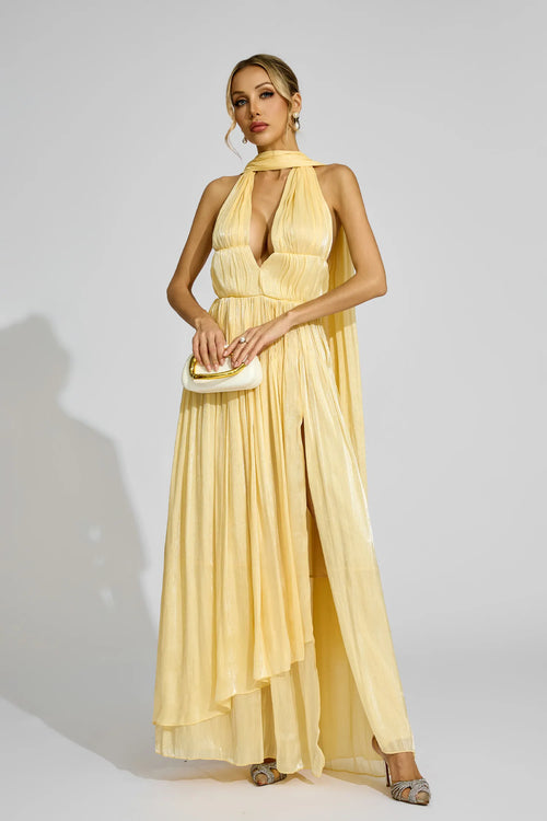 Brittany Sarı Halter Plise Maxi Elbise