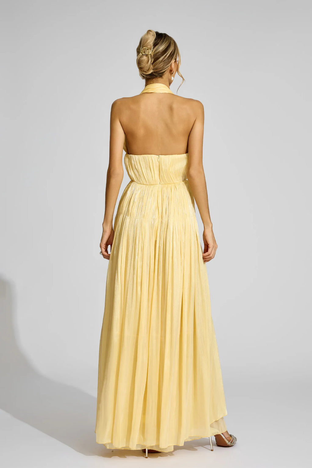 Brittany Sarı Halter Plise Maxi Elbise