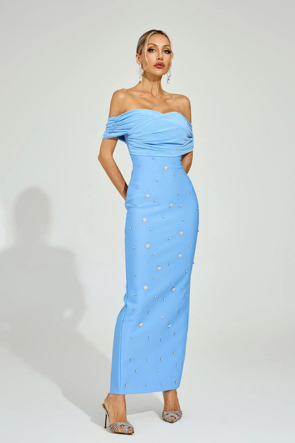 Ella Açık Mavi Off - Shoulder Midi Elbise