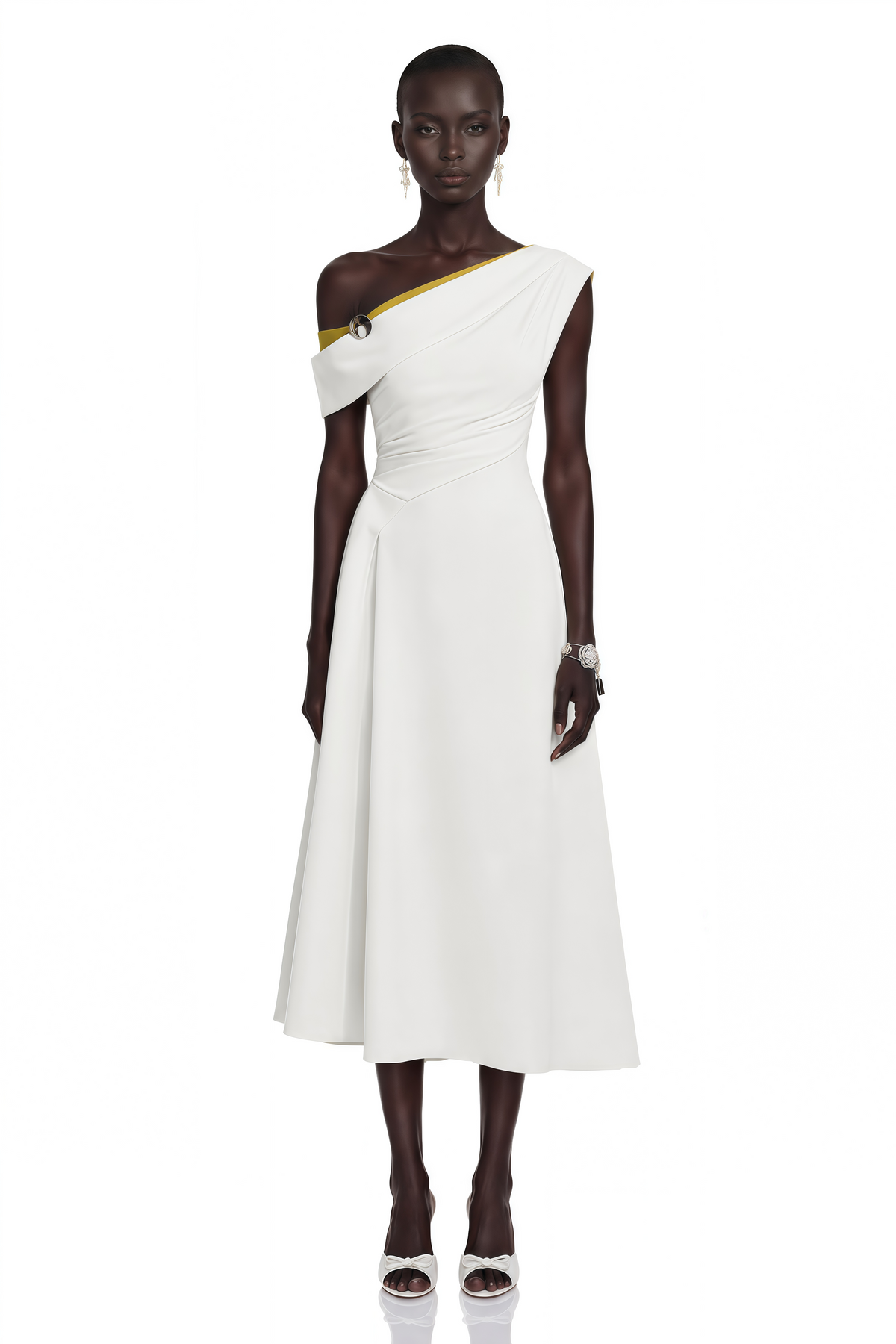 Tek Omuz Büzgülü Midi Elbise Beyaz