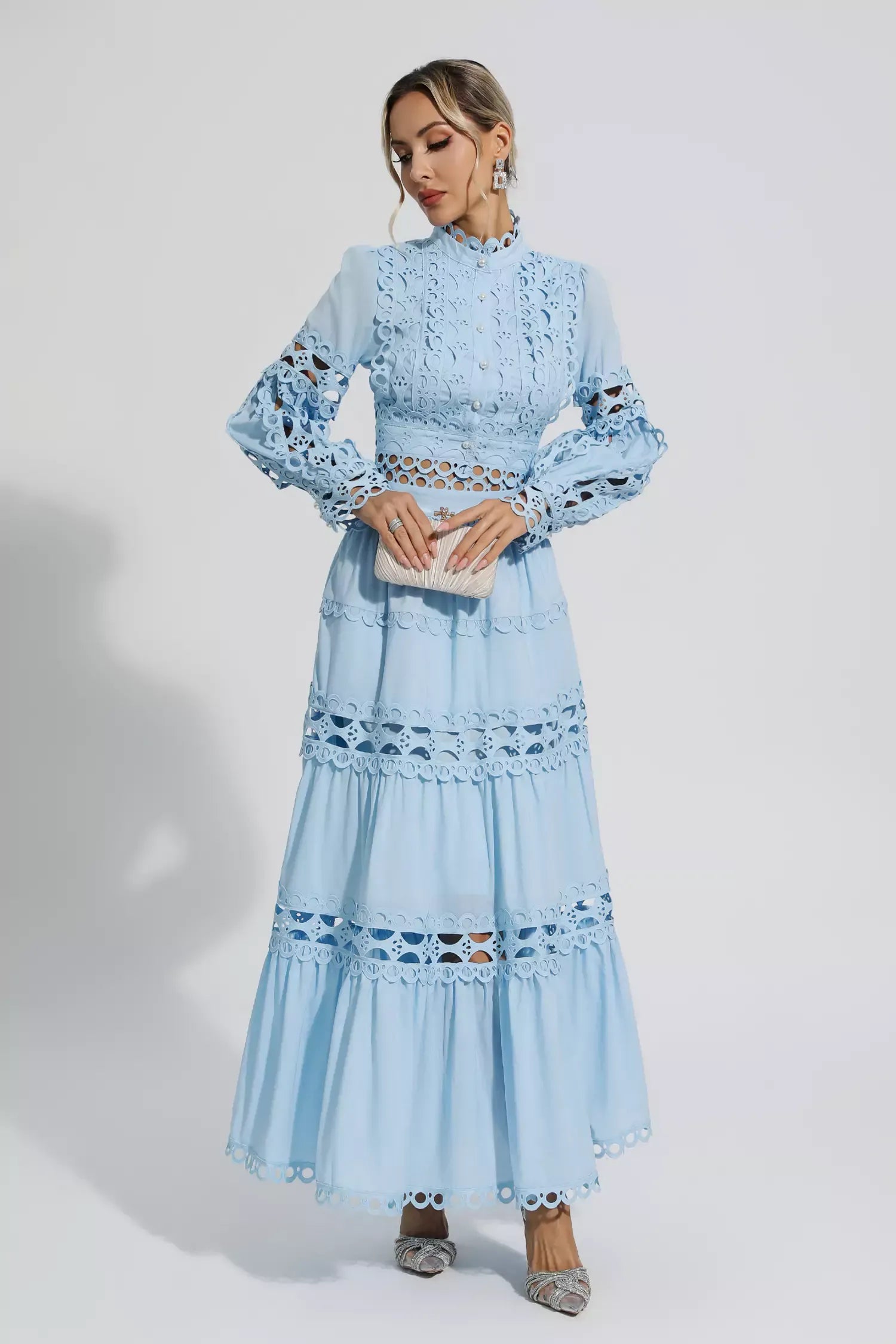 Julieta Mavi Kesik Uzun Kollu Maxi Elbise