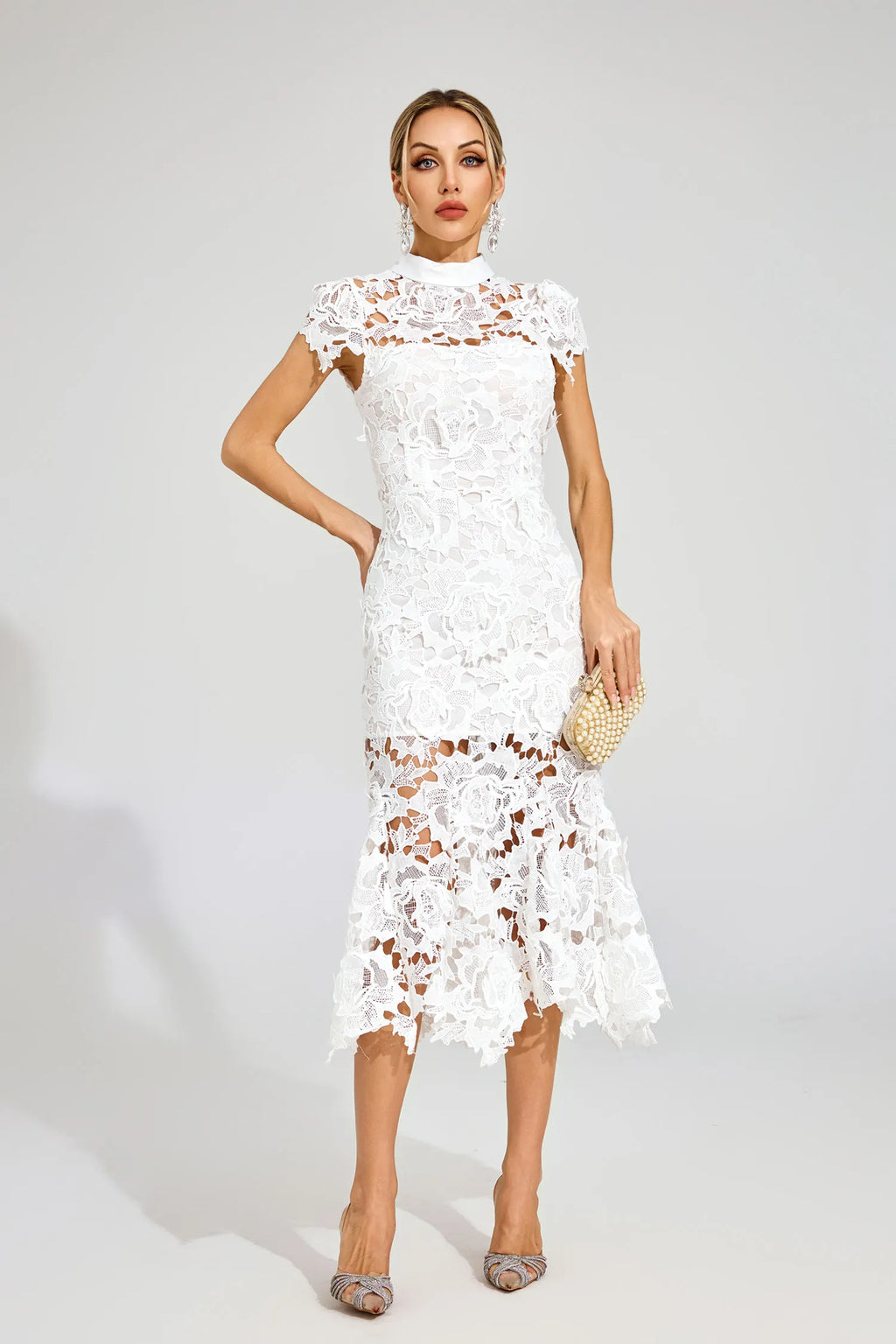 Jacqueline Beyaz İkiz Kuyruk Dantel Kesik Midi Elbise