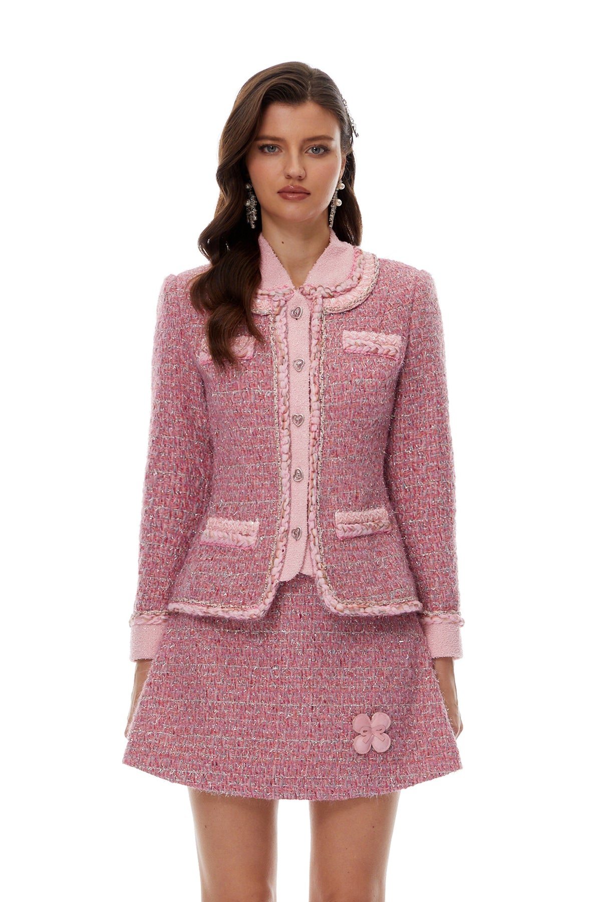 Carol Tüvit Ceket ve 3D Yaprak Detaylı Etek Takım Pembe