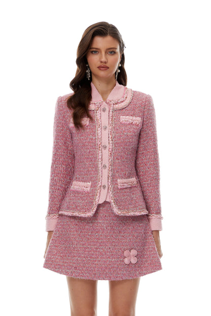 Carol Tüvit Ceket ve 3D Yaprak Detaylı Etek Takım Pembe