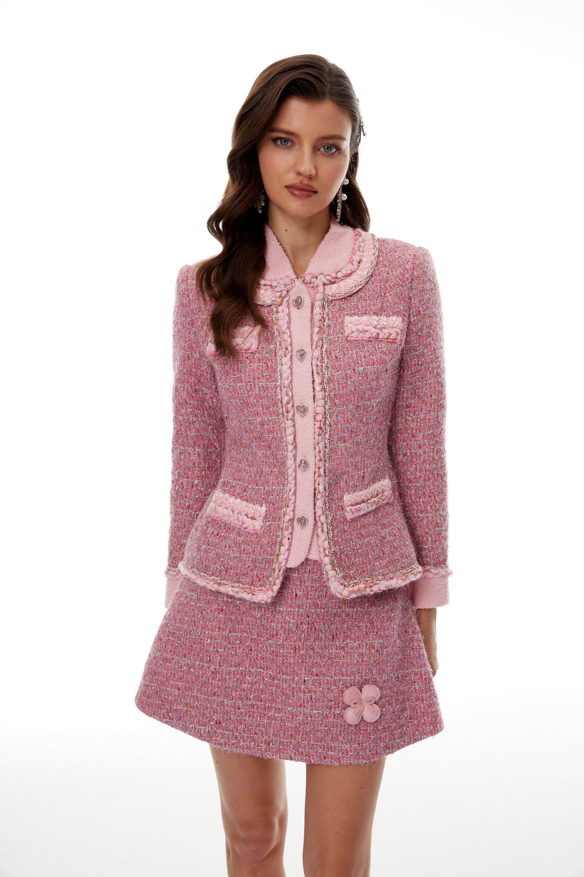 Carol Tüvit Ceket ve 3D Yaprak Detaylı Etek Takım Pembe