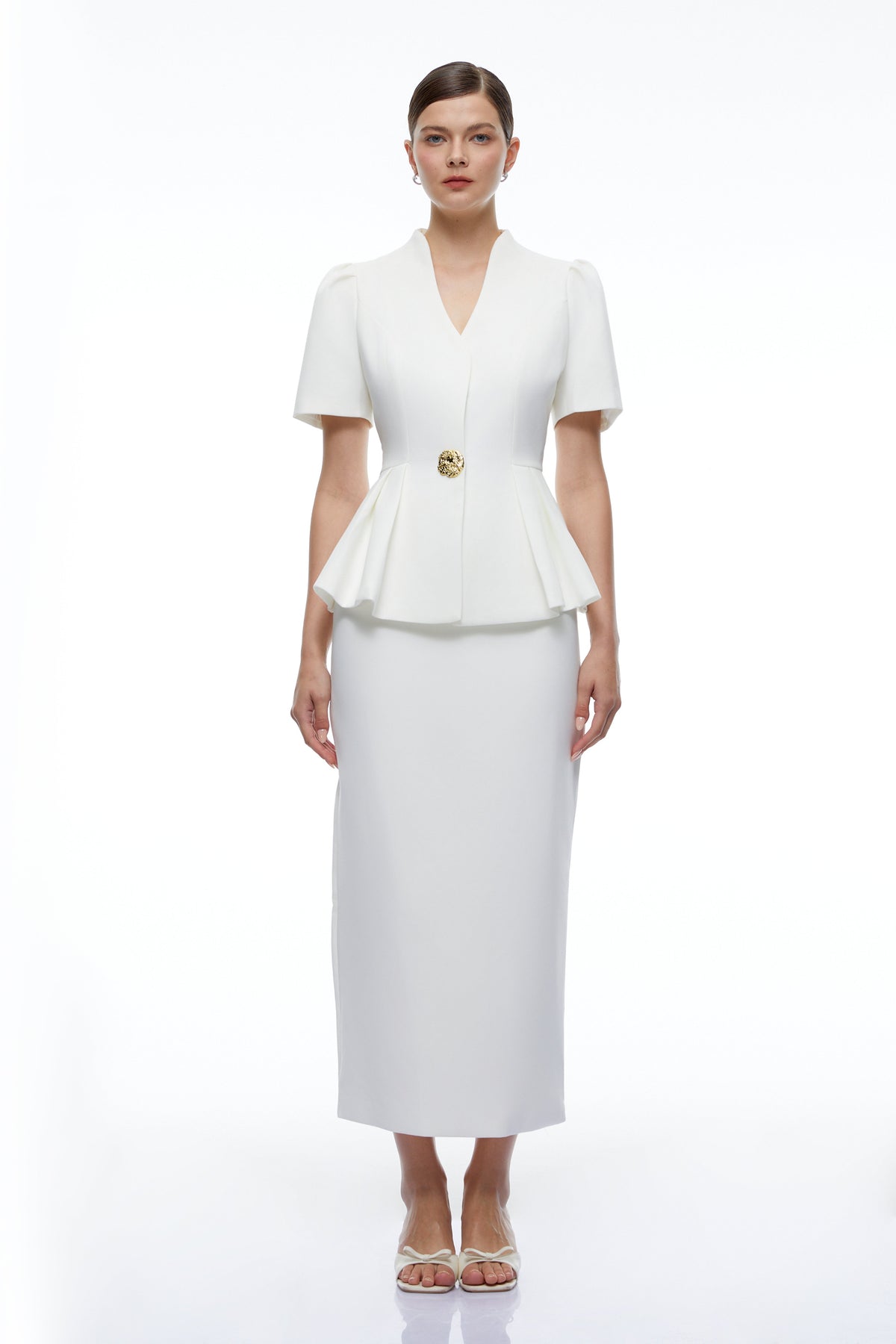 Celine Peplum Blazer ve Midi Etek Takım Beyaz