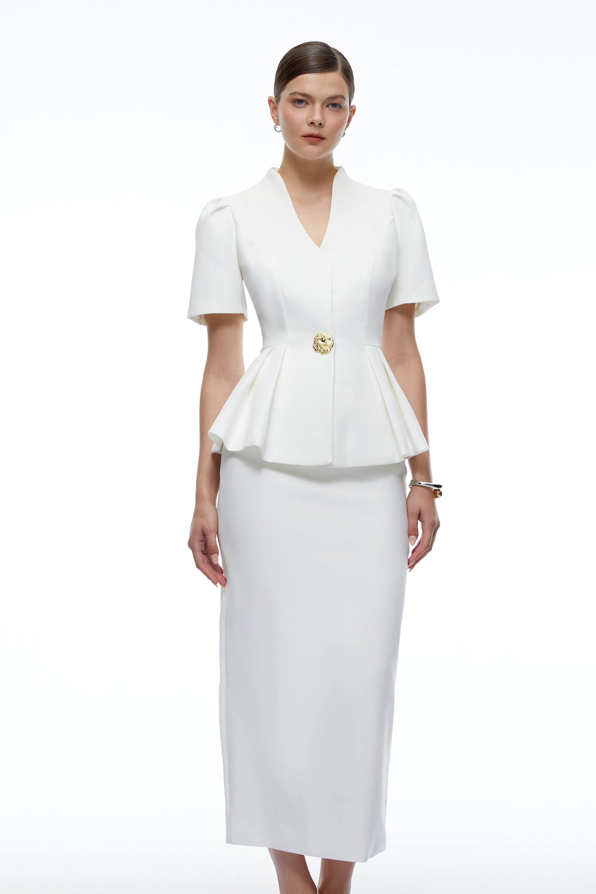 Celine Peplum Blazer ve Midi Etek Takım Beyaz