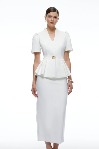 Celine Peplum Blazer ve Midi Etek Takım Beyaz