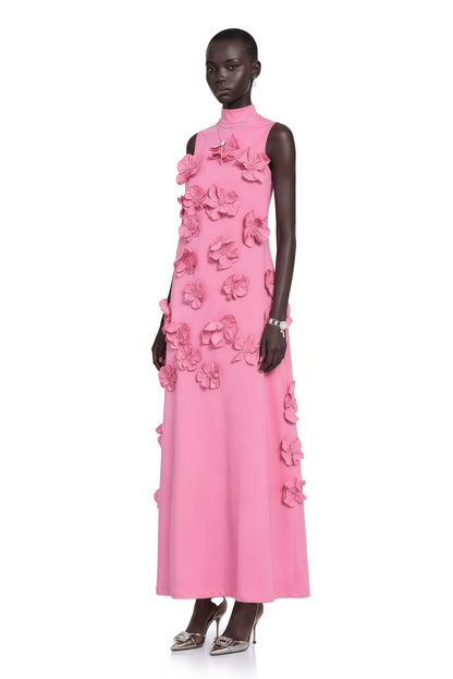 Magali Çiçek ve Fiyonk Detaylı Kolsuz Maksi Elbise Pembe