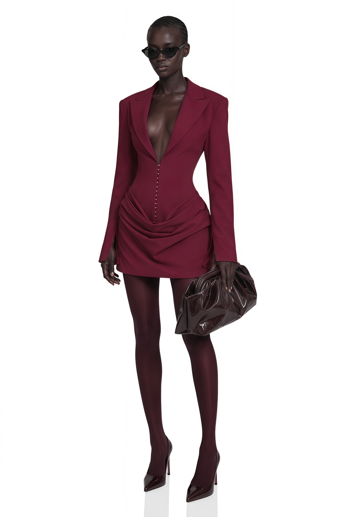 Rosette Büzgü Detaylı Blazer Mini Elbise Bordo