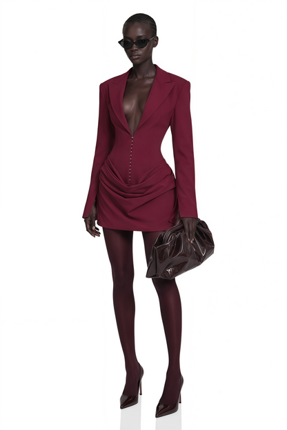 Rosette Büzgü Detaylı Blazer Mini Elbise Bordo