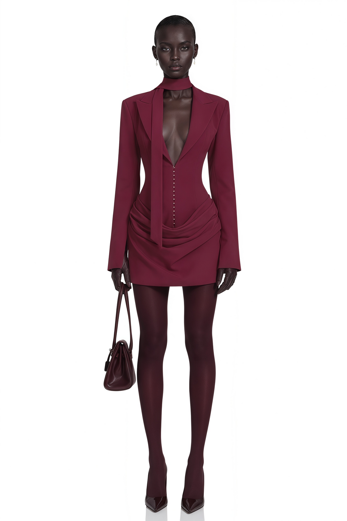 Rosette Büzgü Detaylı Blazer Mini Elbise Bordo