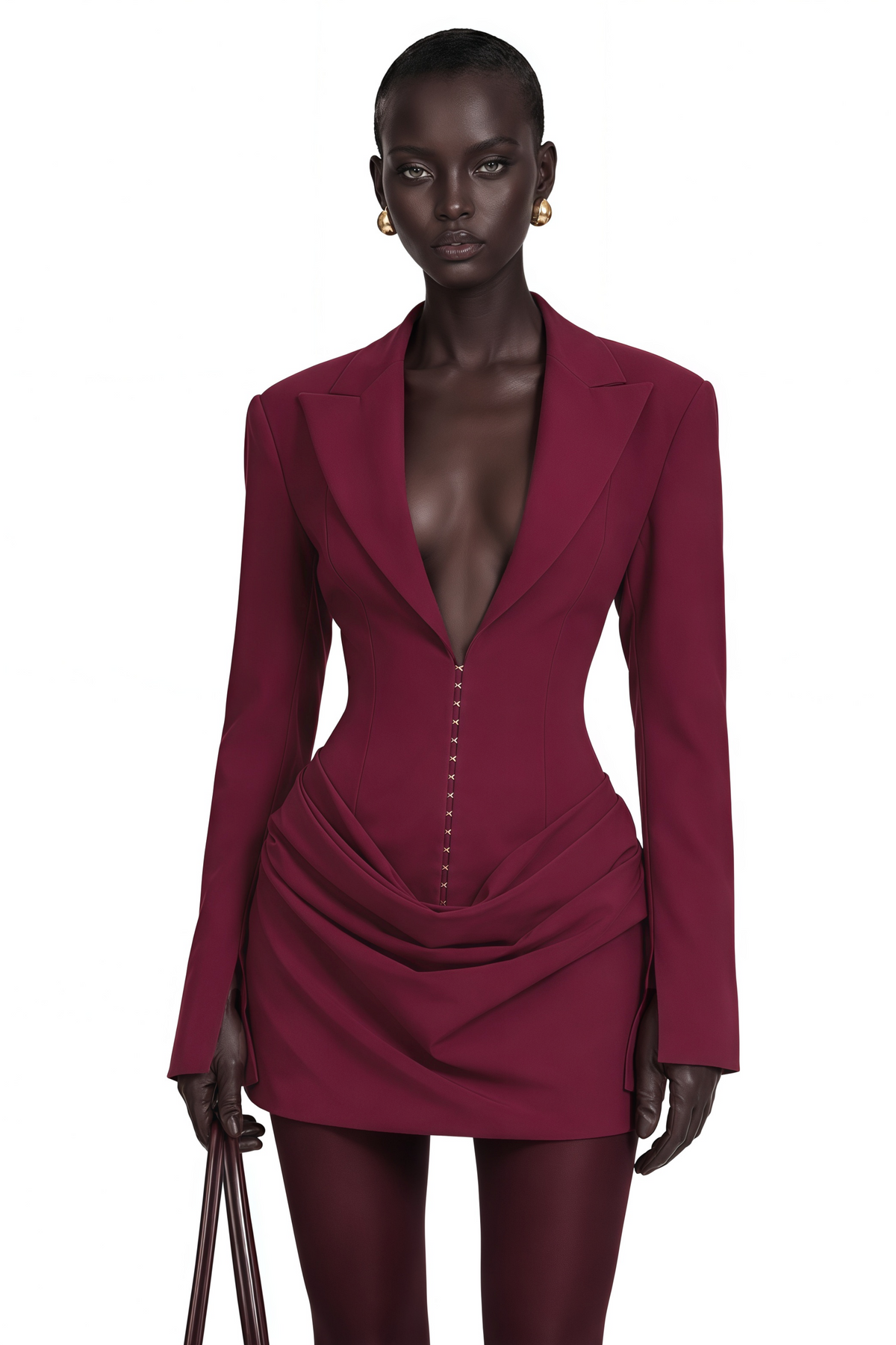 Rosette Büzgü Detaylı Blazer Mini Elbise Bordo