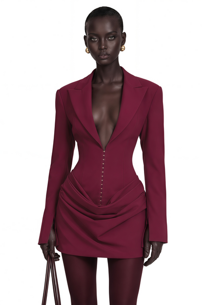 Rosette Büzgü Detaylı Blazer Mini Elbise Bordo