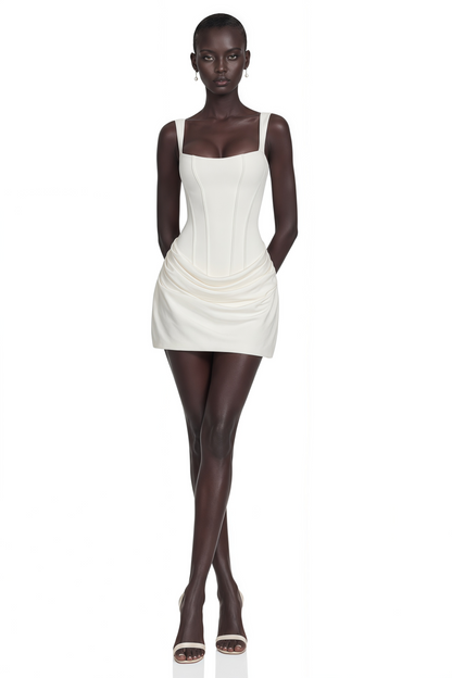 Paulette Büzgülü Bodycon Mini Elbise Beyaz