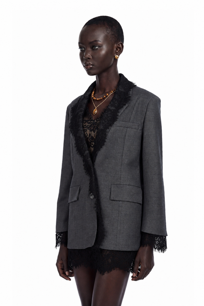 Dianthe Dantel Detaylı Blazer Ceket Gri