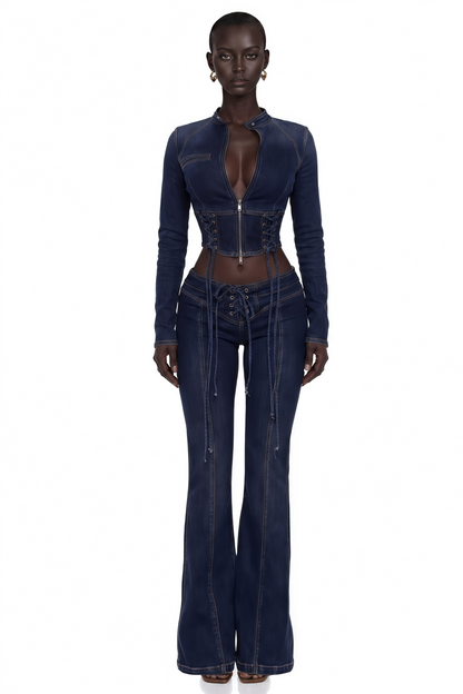 Kiona Bağcıklı Denim Takım İndigo Mavi