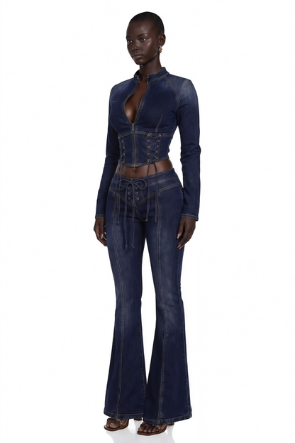 Kiona Bağcıklı Denim Takım İndigo Mavi