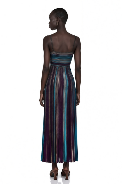 Bruyère Payet İşlemeli Çizgili Triko Maksi Elbise Mor
