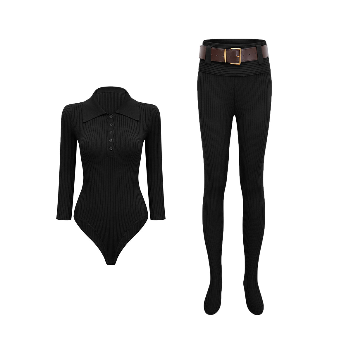Claire Fitilli Triko Body ve Pantolon Takım Siyah
