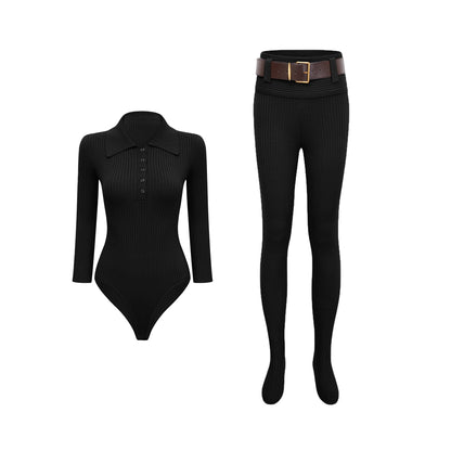 Claire Fitilli Triko Body ve Pantolon Takım Siyah