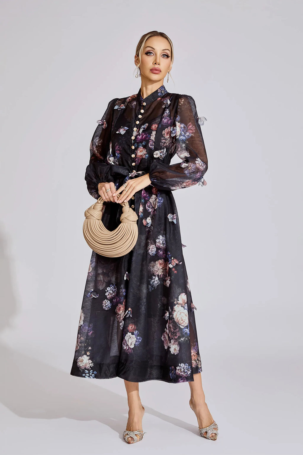 Samirah Siyah Desenli Maxi Elbise