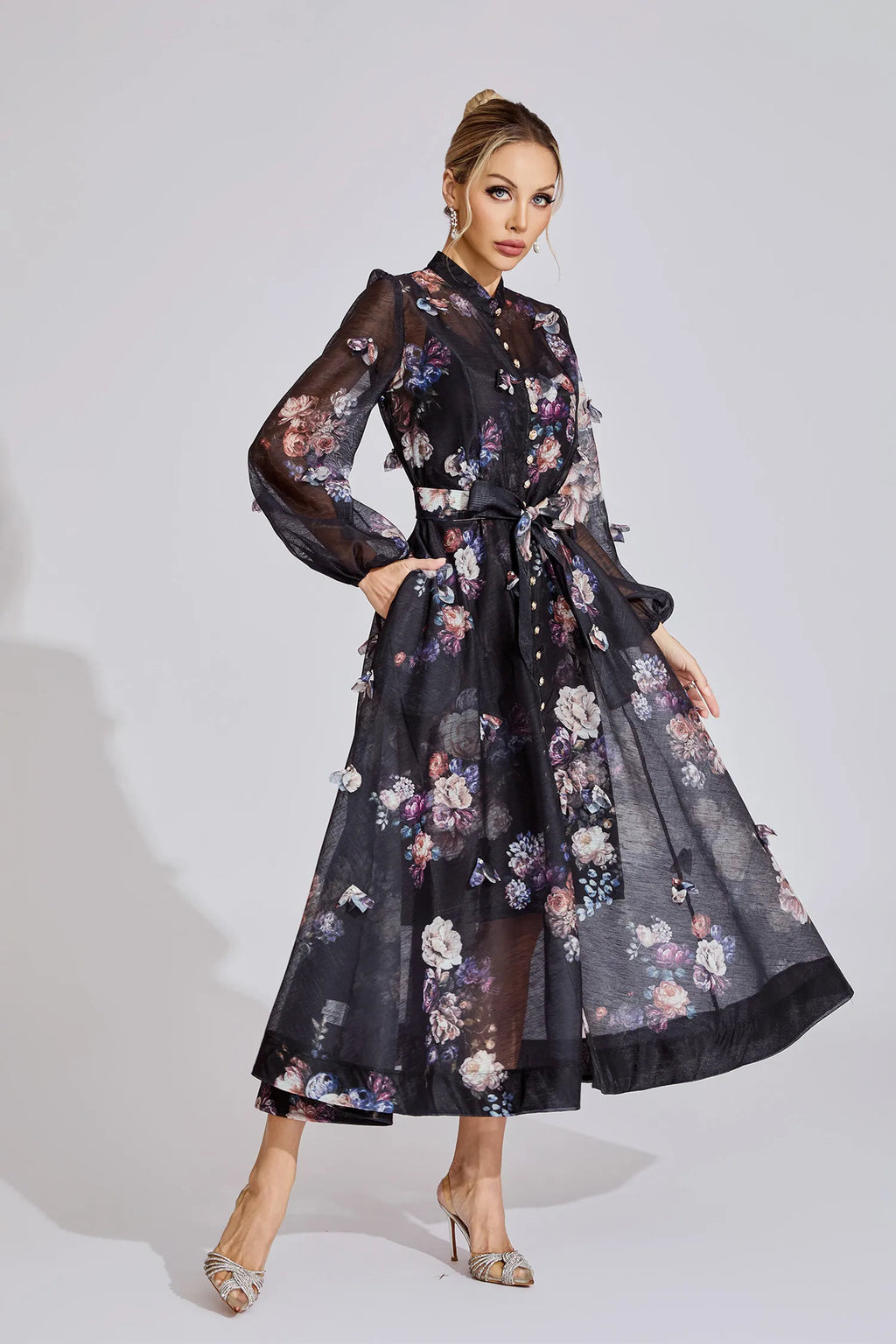 Samirah Siyah Desenli Maxi Elbise