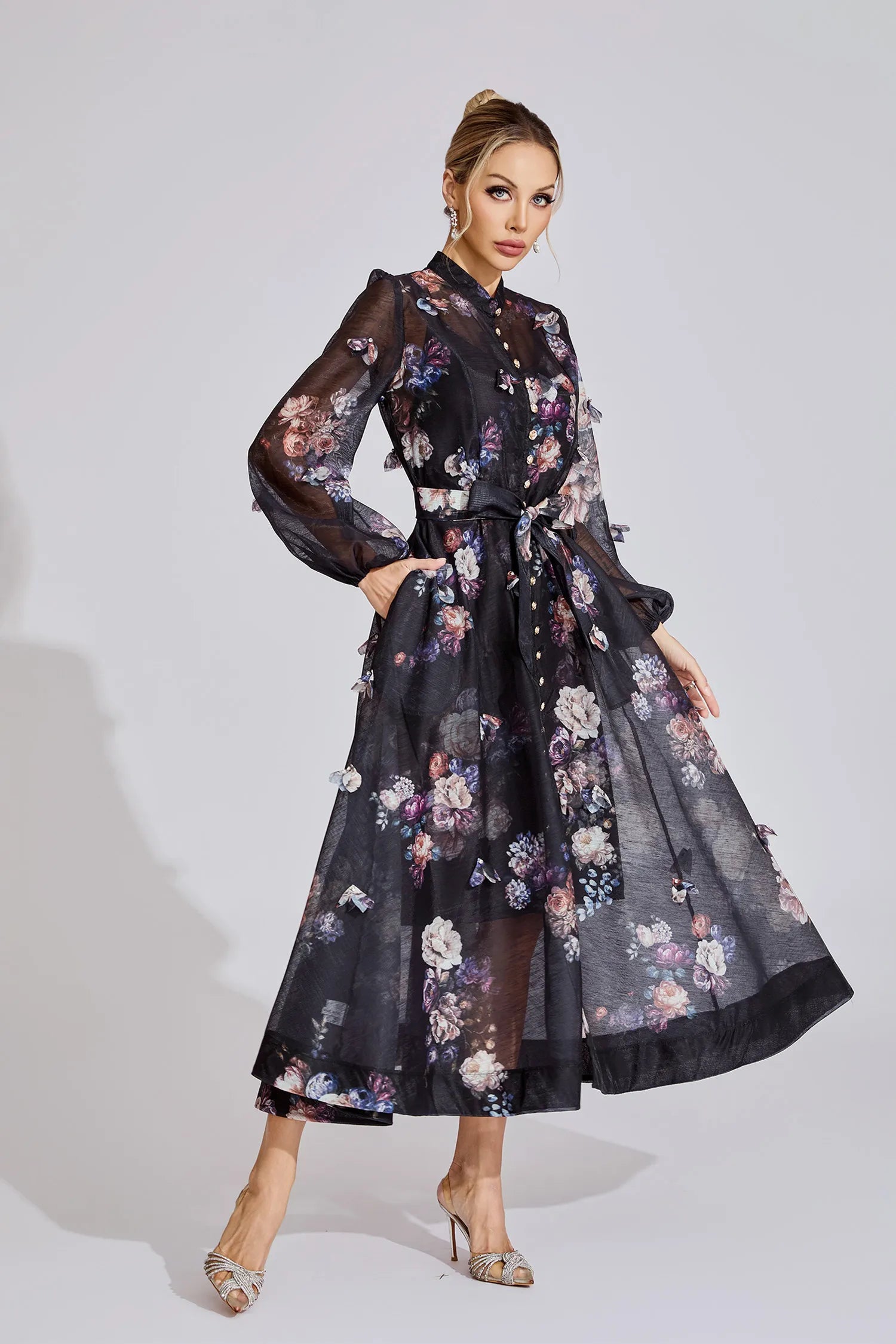 Samirah Siyah Desenli Maxi Elbise