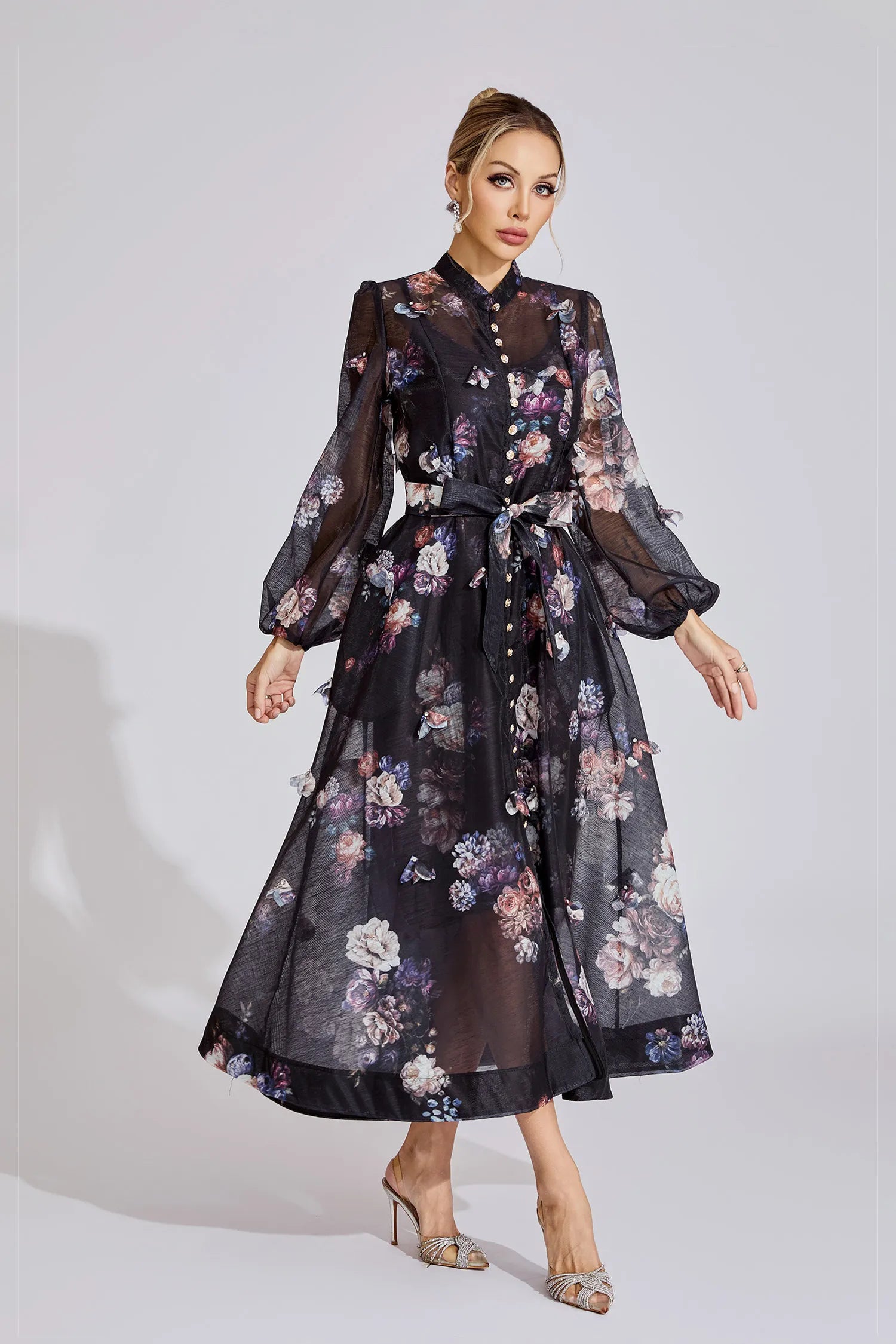 Samirah Siyah Desenli Maxi Elbise