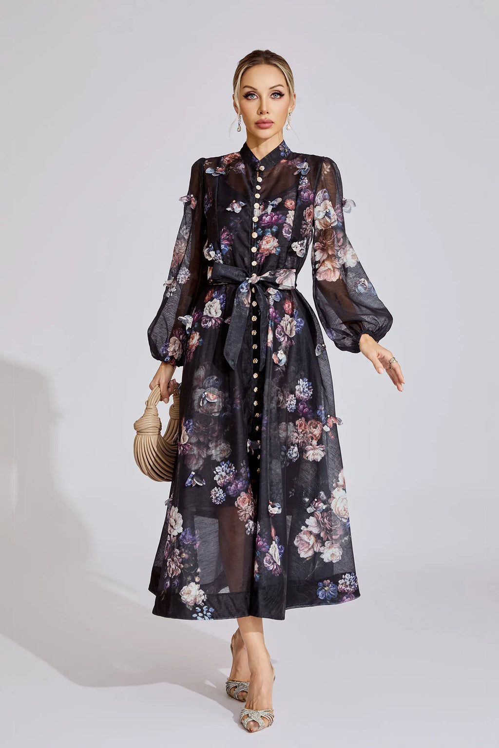 Samirah Siyah Desenli Maxi Elbise