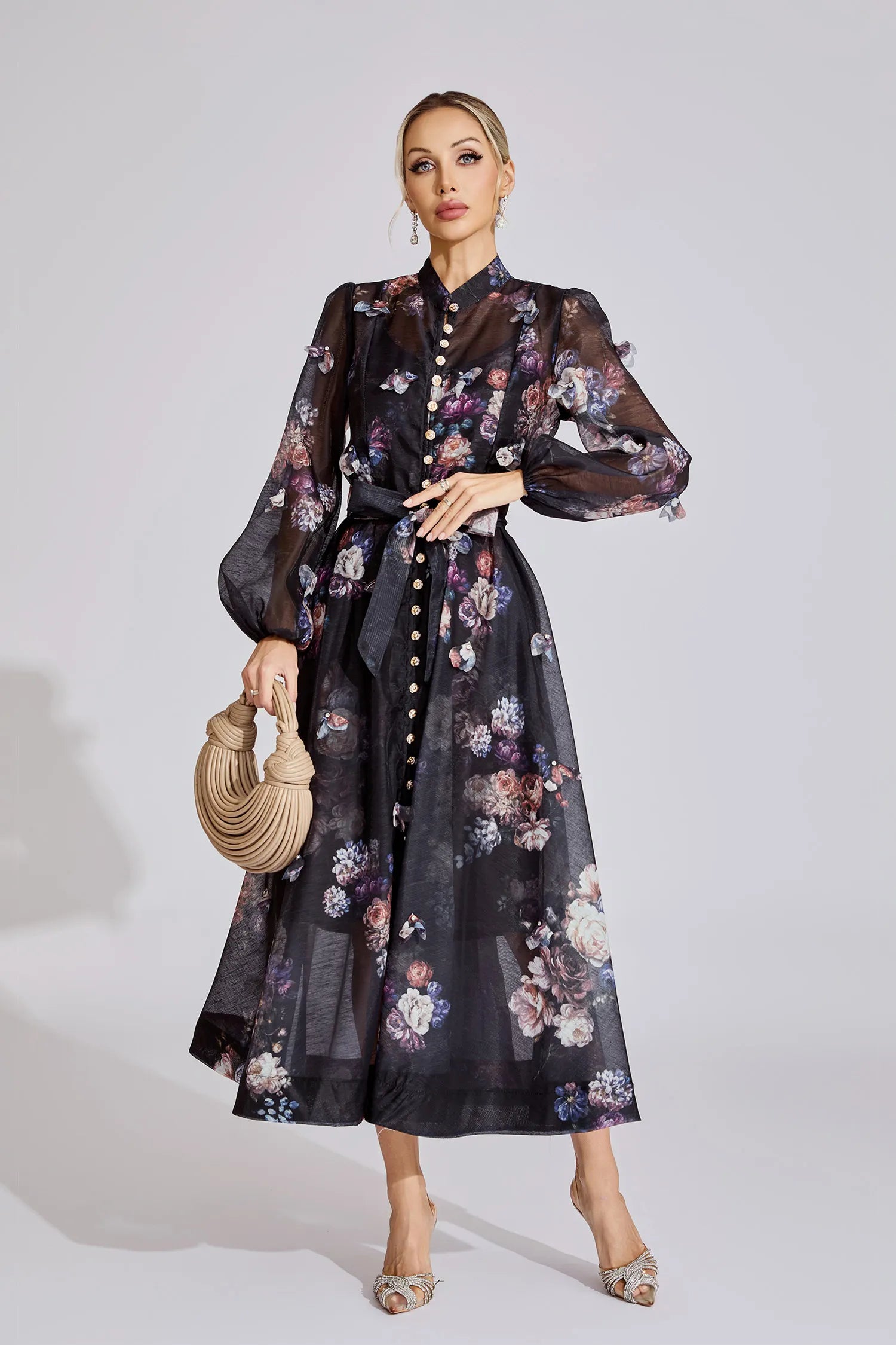 Samirah Siyah Desenli Maxi Elbise