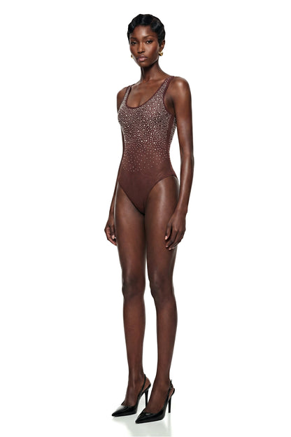 Cornelia Yapay Elmas İşlemeli Tül Body Kahverengi