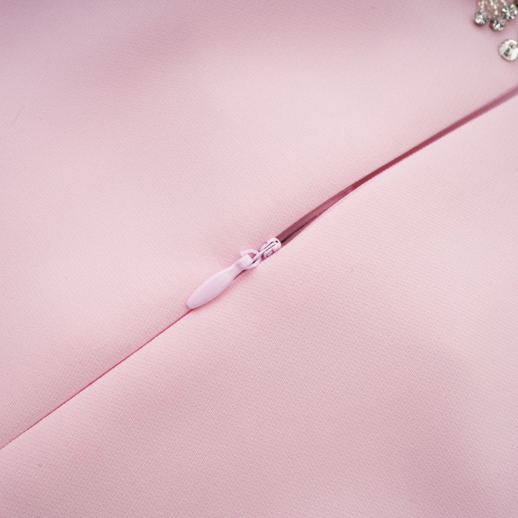 Cassi kristal detaylı pembe fiyonk midi elbise