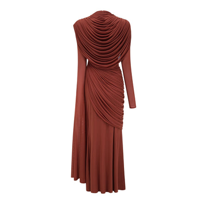 Danaé Büzgü ve Drape Detaylı Maksi Elbise Kahverengi