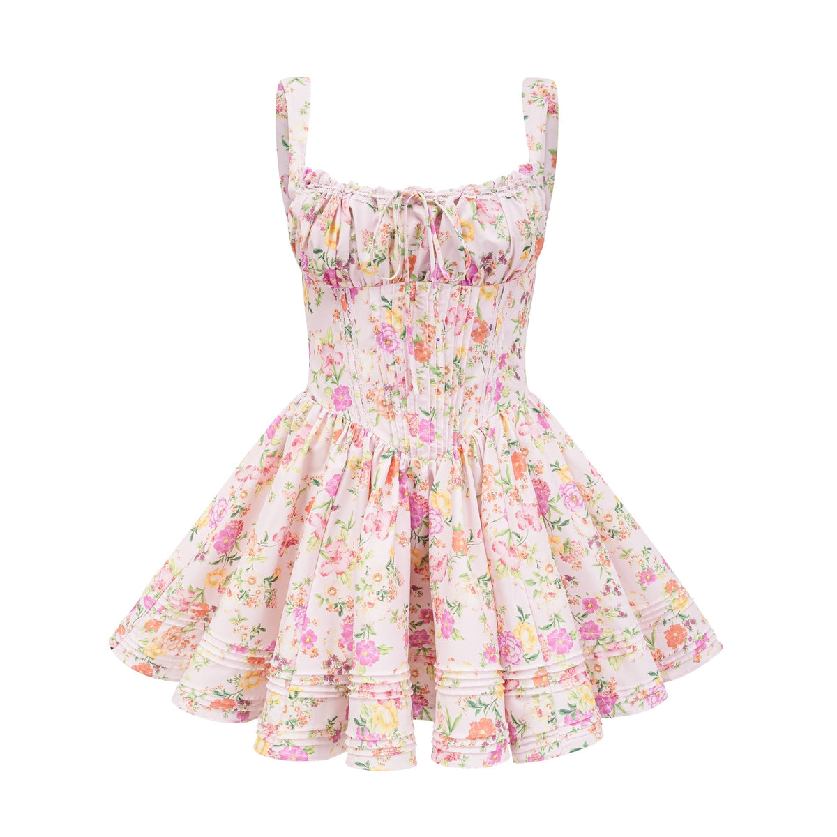 Kara Çiçek Desenli Korse Mini Elbise Pembe