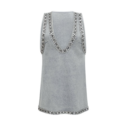 Daphné Kristal İşlemeli Kolsuz Denim Mini Elbise Mavi